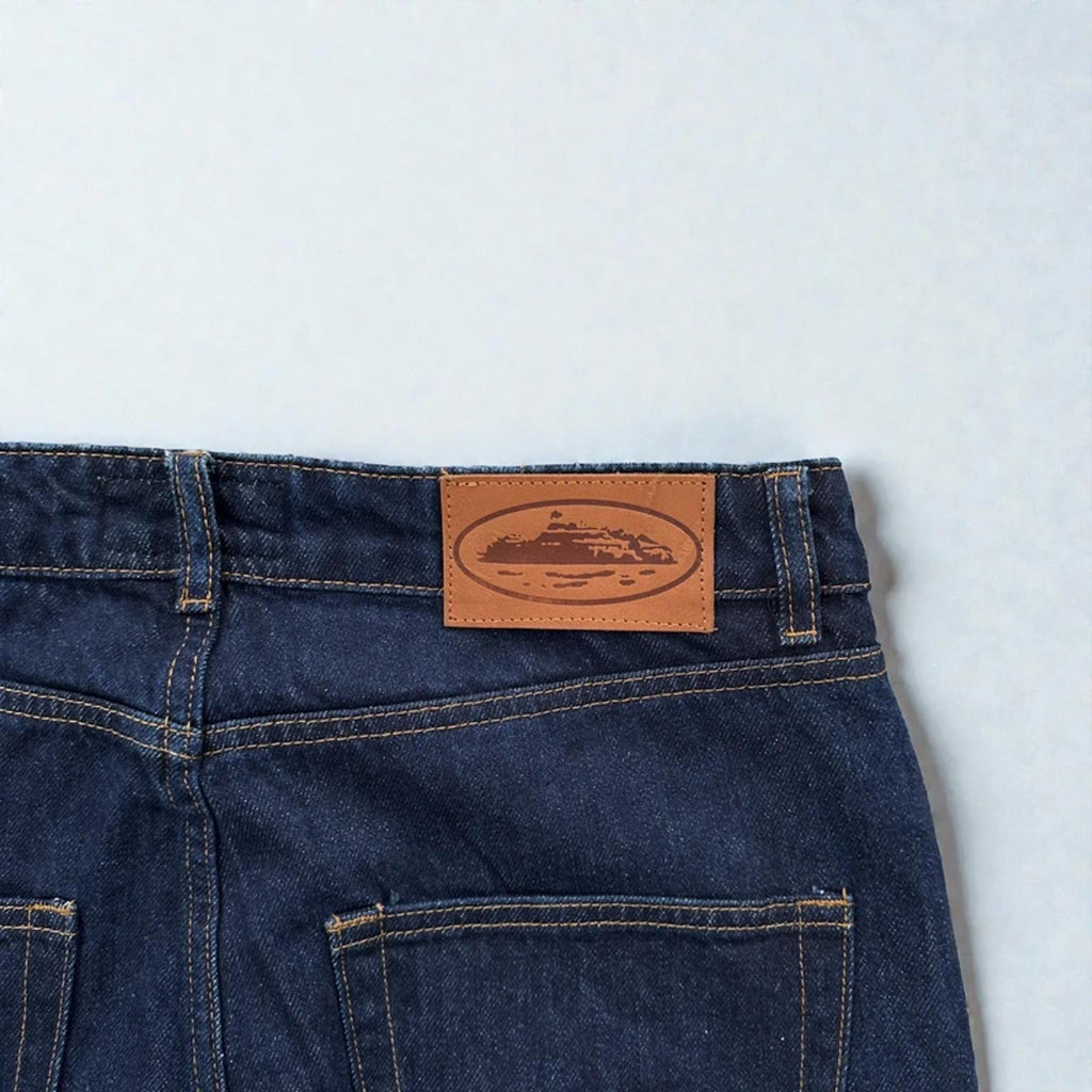 Corteiz Frayed Denim Baggy Jeans Navy