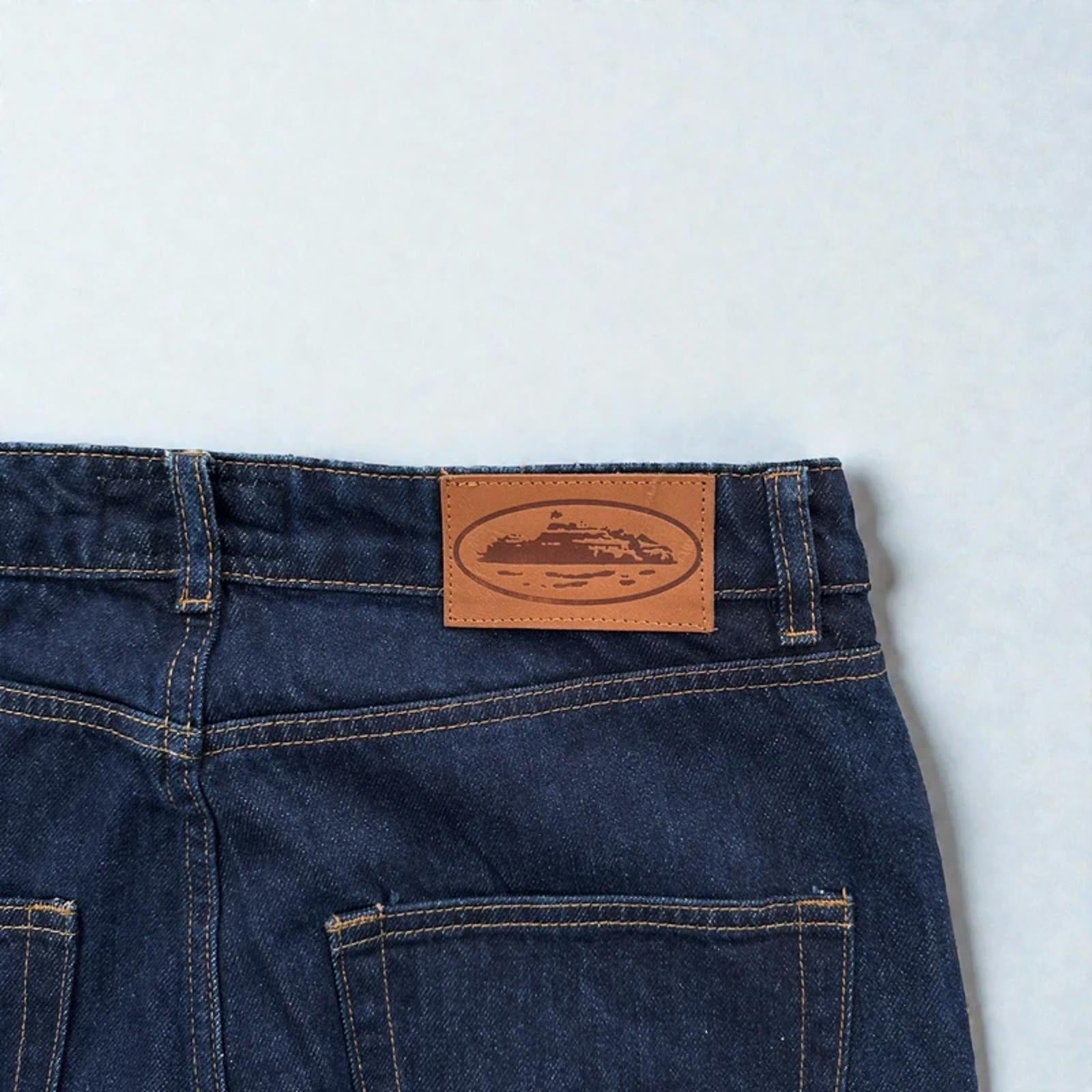 Corteiz Frayed Denim Baggy Jeans Navy