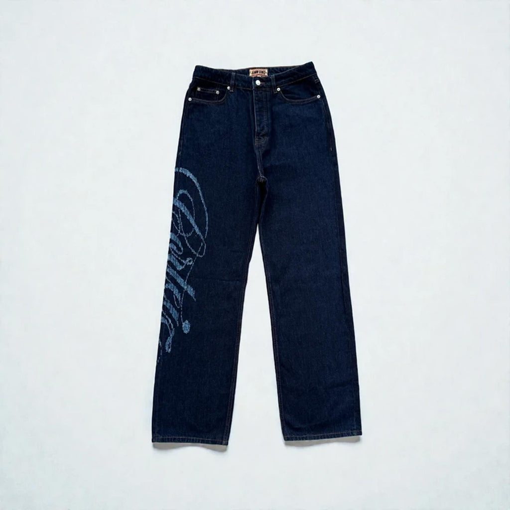 Corteiz Frayed Denim Baggy Jeans Navy