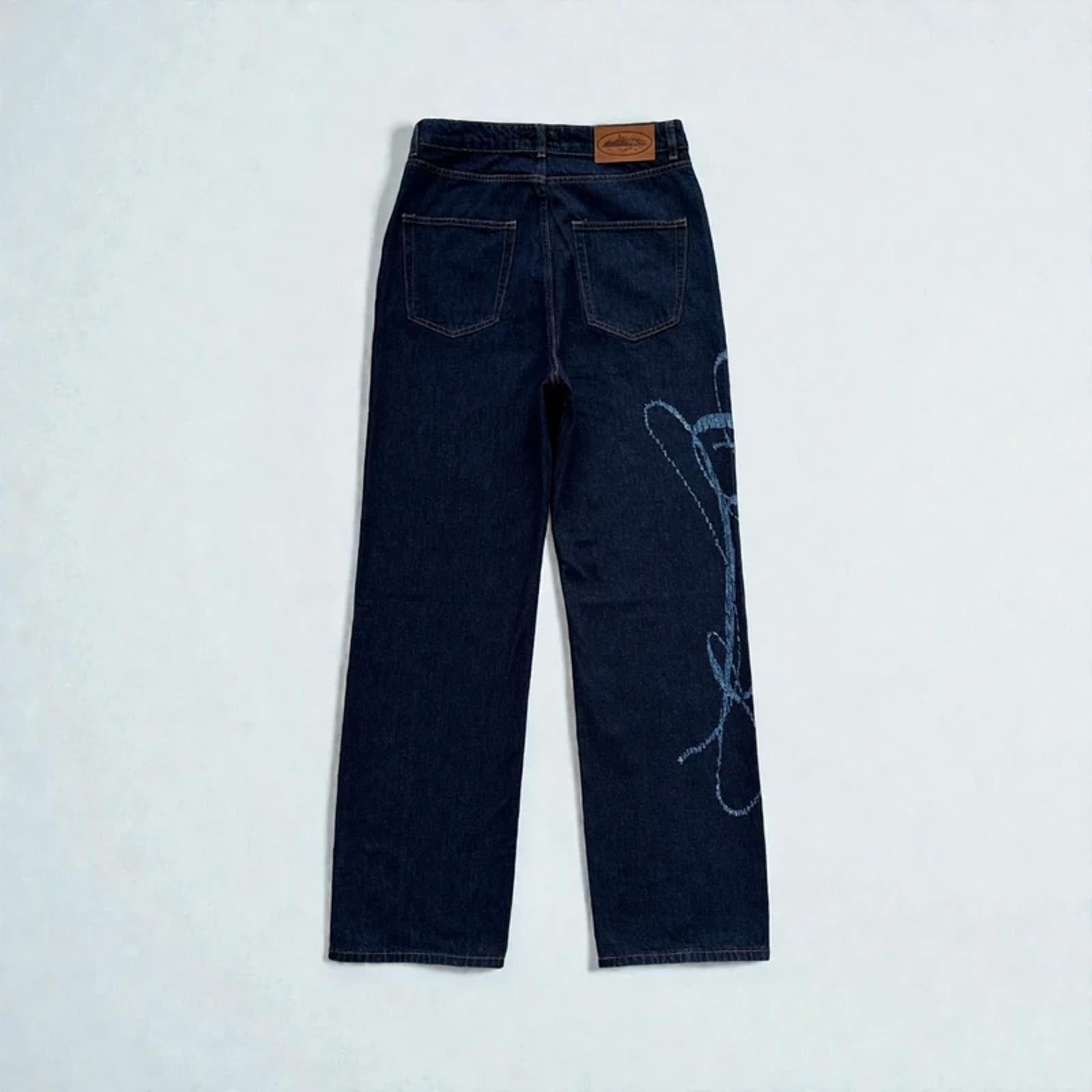Corteiz Frayed Denim Baggy Jeans Navy